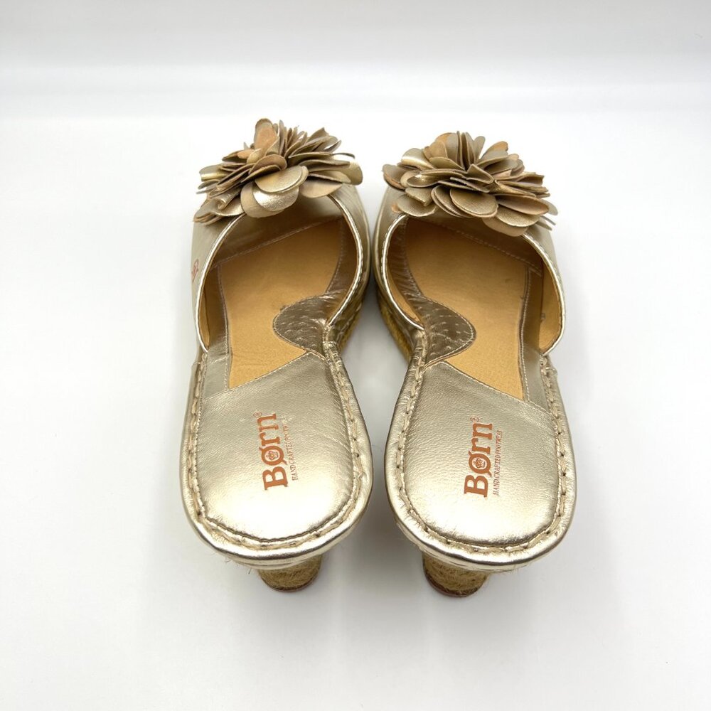 Born Womens Gold Leather Floral Flower Wedges Sandals Mules Shoes - Picture 8 of 16